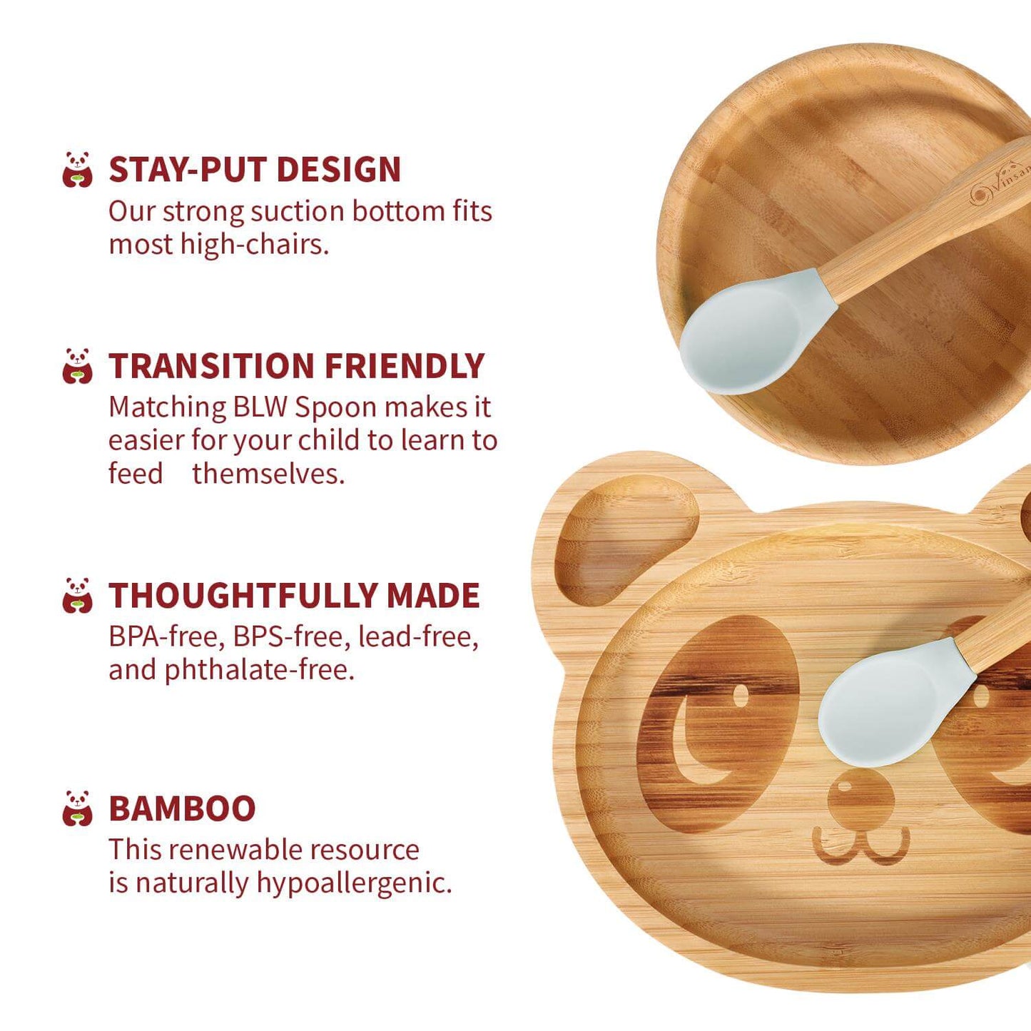 Vinsani bamboo panda plate and bowl set with spoon, featuring stay-put design and natural materials for safe, fun meals.