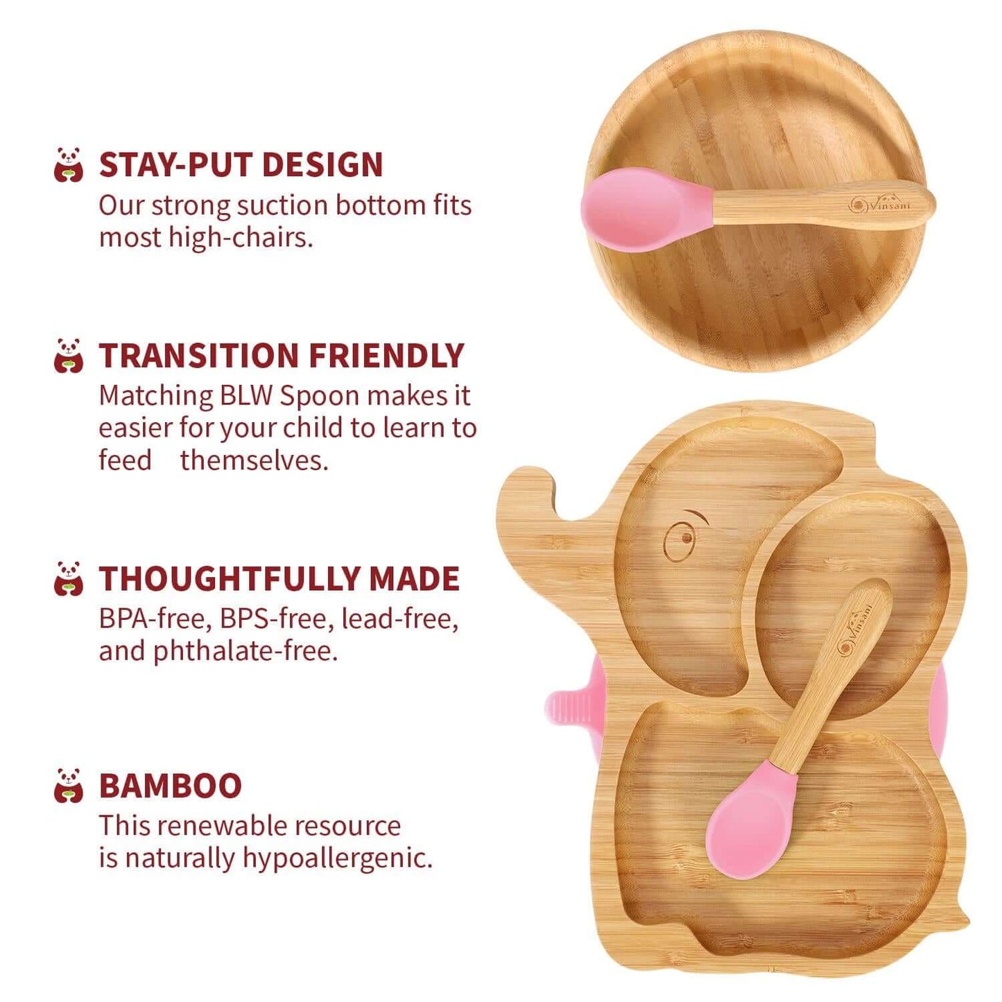 Vinsani bamboo elephant plate, bowl & spoon set with non-slip base, hypoallergenic design, and easy clean features for toddlers.