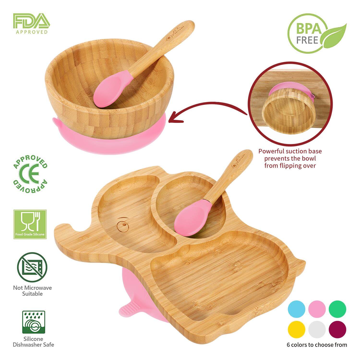 Vinsani Bamboo Elephant Plate, Bowl & Spoon Set with non-slip base, made from natural bamboo, BPA-free, kids' meal set.