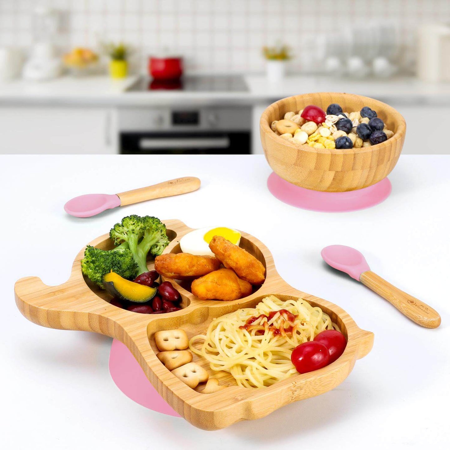 Vinsani natural bamboo kids plate with three sections, bowl, and spoons for fun, durable mealtime and easy cleanup.