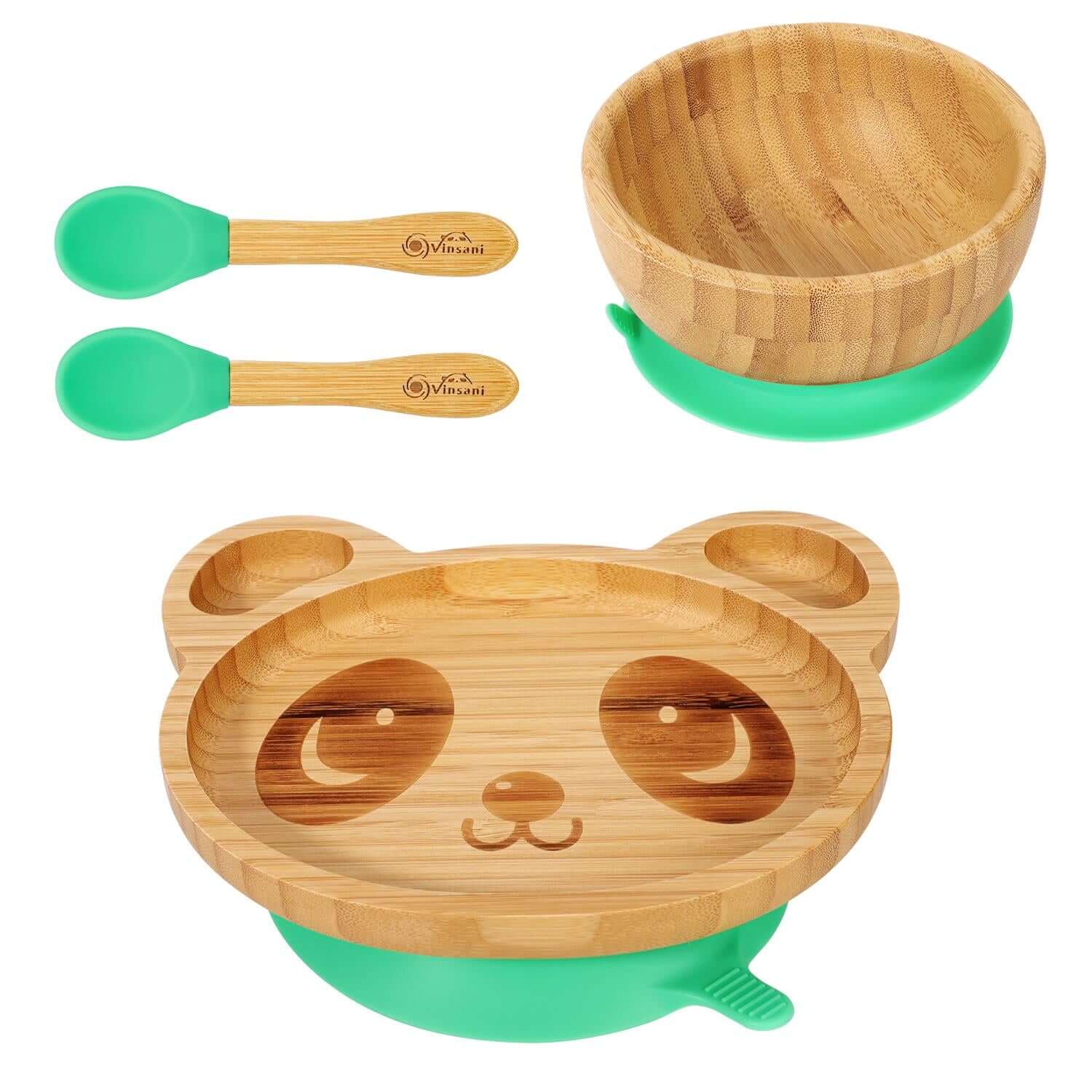 Vinsani bamboo panda plate with suction base, bowl, and 2 spoons for children's fun mealtimes.