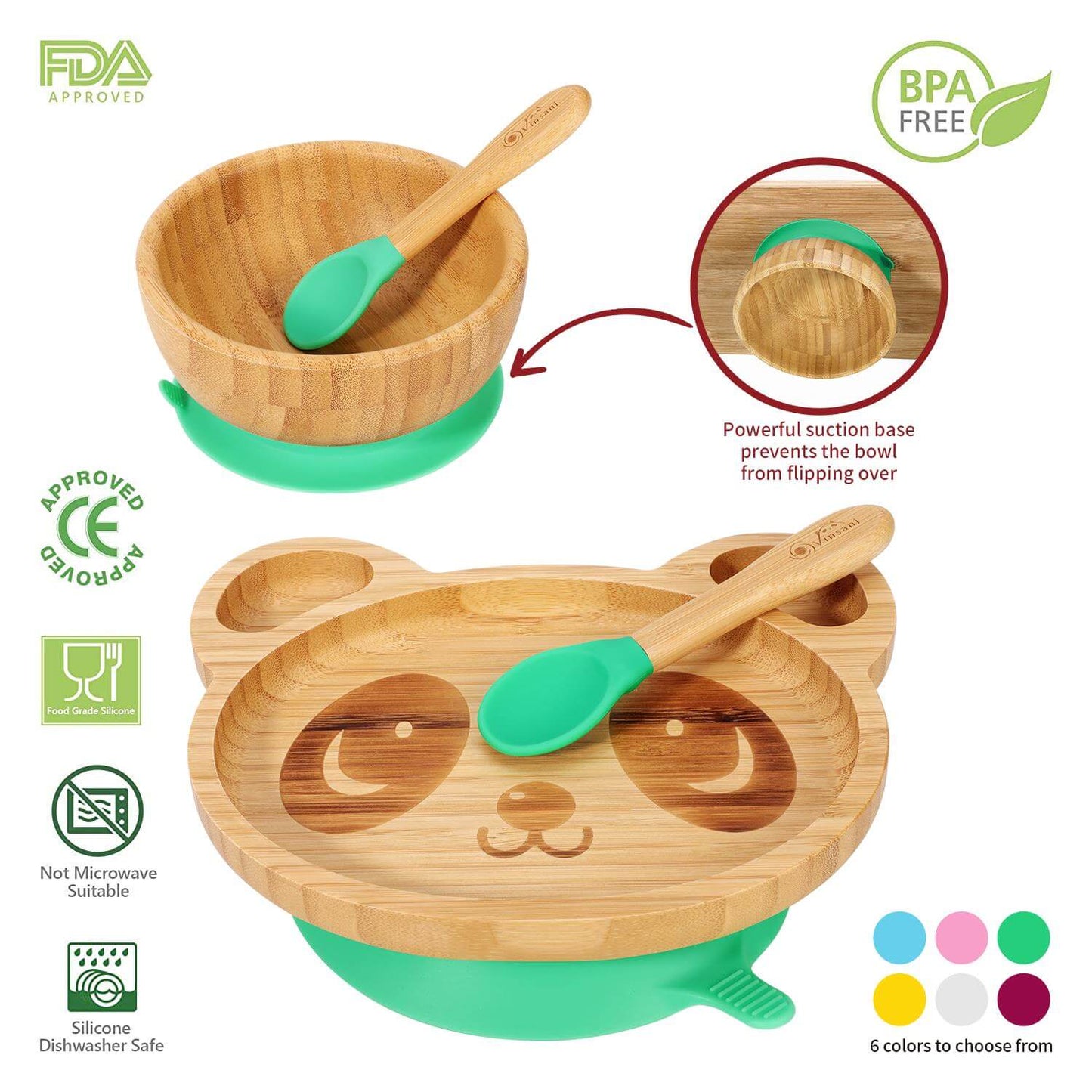 Vinsani Bamboo Panda Plate and Bowl Set with Silicone Spoons, BPA-free, designed for easy cleaning and fun meals.