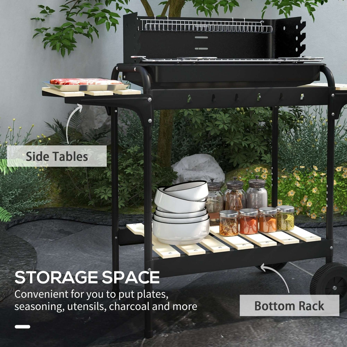 Outsunny Charcoal Barbecue BBQ Grill Trolley W/ 5-level Grill Height Ash Catcher