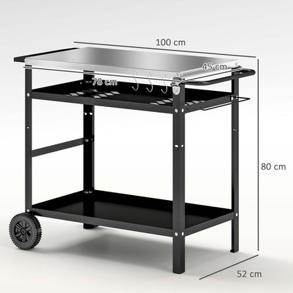 Outsunny BBQ Trolley with Stainless Steel Top, Movable Pizza Table, Black
