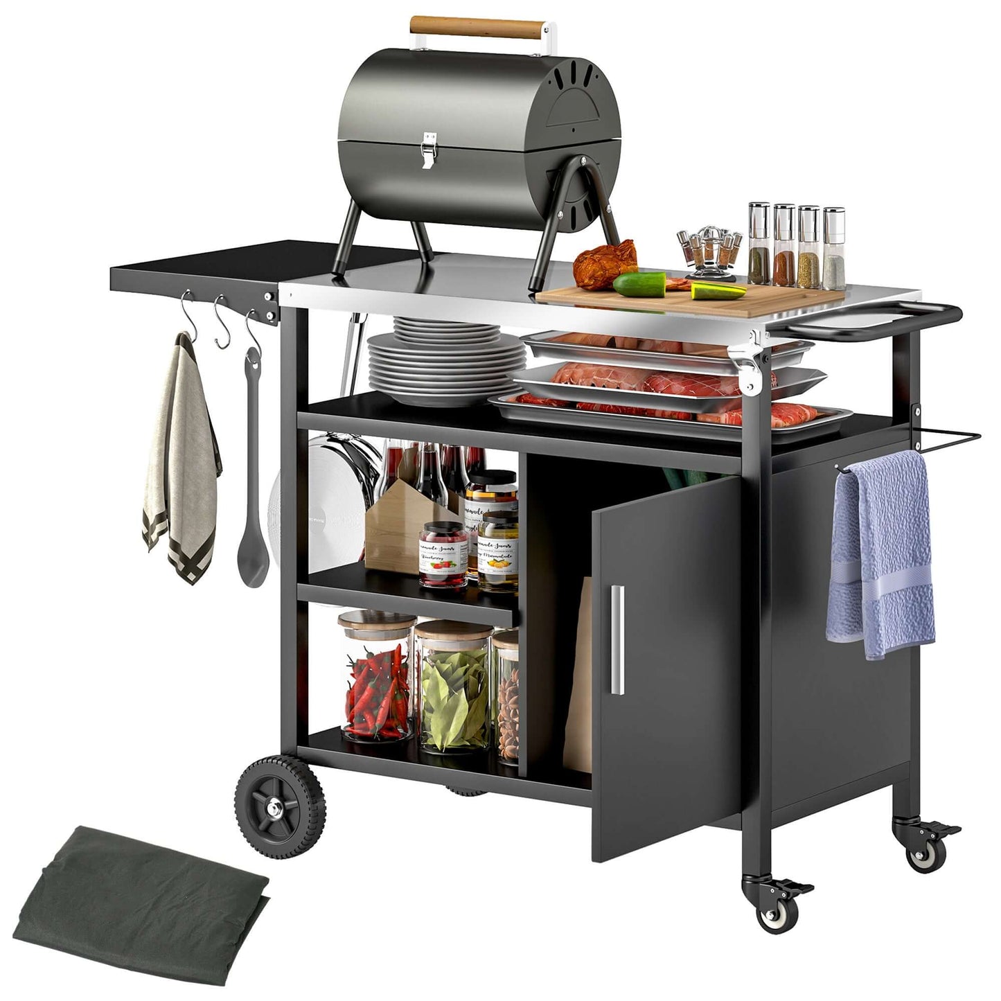 Outsunny Stainless Steel Outdoor BBQ Trolley with Folding Side table, Black