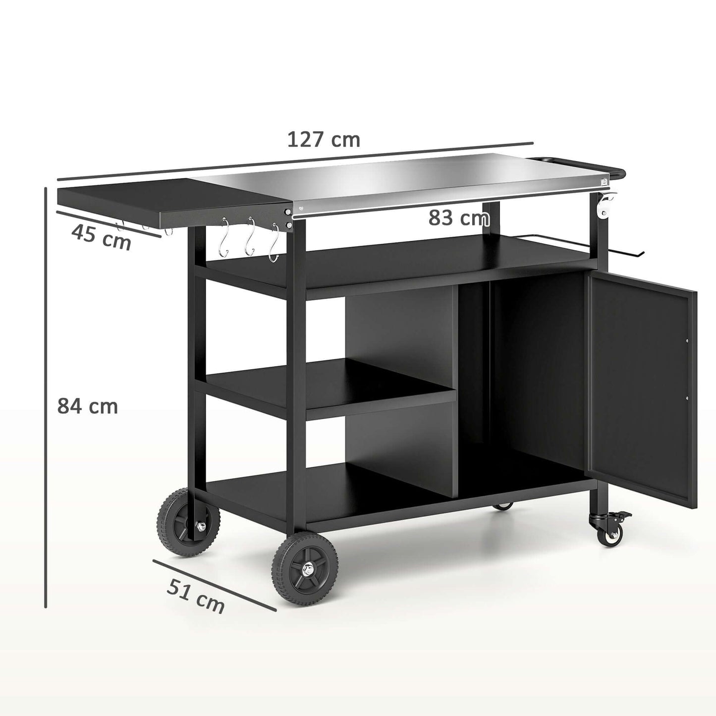 Outsunny Stainless Steel Outdoor BBQ Trolley with Folding Side table, Black