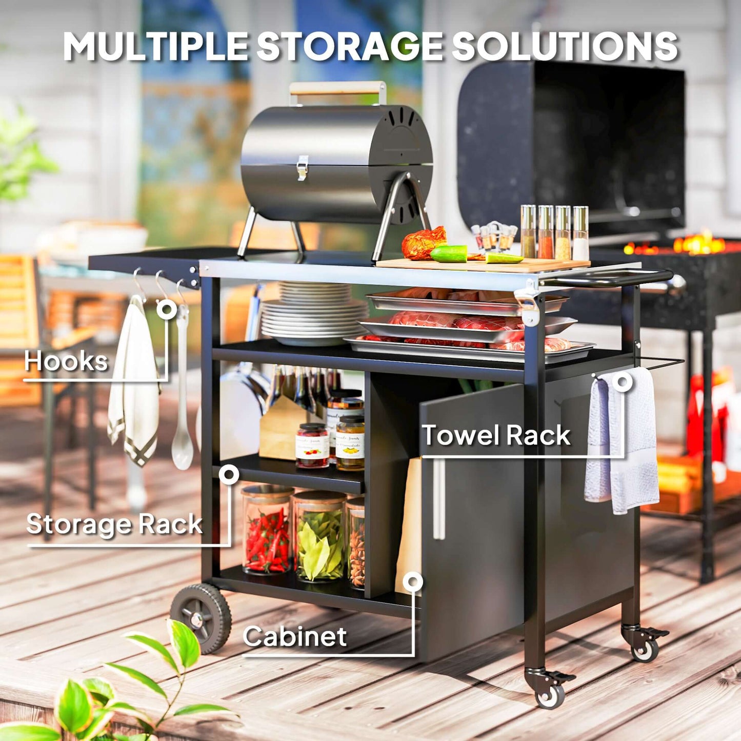 Outsunny Stainless Steel Outdoor BBQ Trolley with Folding Side table, Black