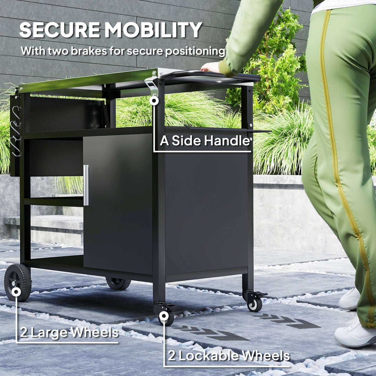 Outsunny Stainless Steel Outdoor BBQ Trolley with Folding Side table, Black