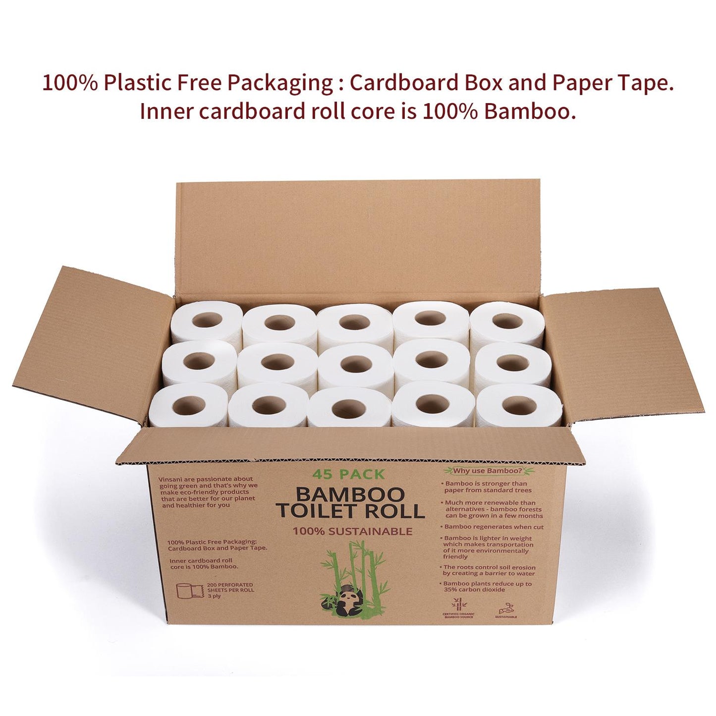 VINSANI BAMBOO TOILET ROLLS Pack of 45