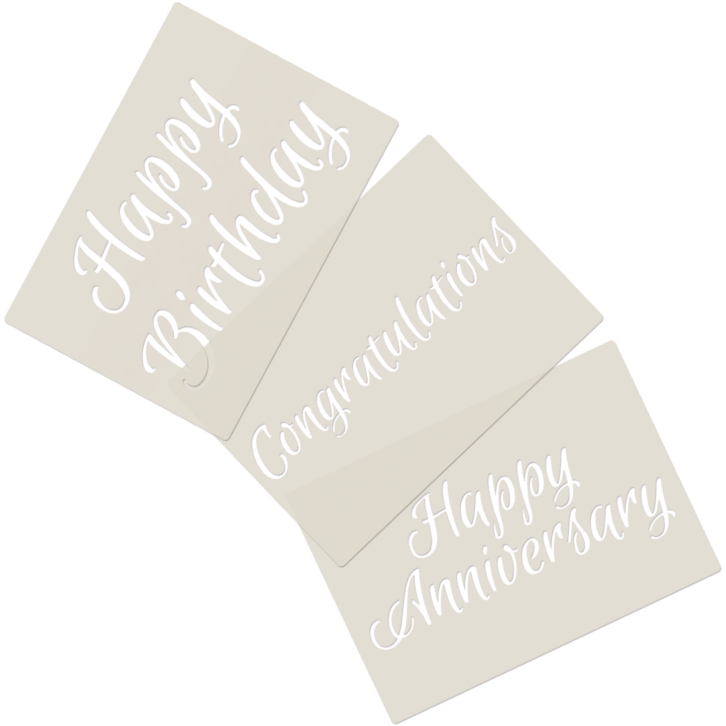 Celebration Script Message Set 1,Happy Birthday, Happy Anniversary & Congratulations, A6 Craft & Cake Decorating Stencil, Reusable Mylar for Cakes, Cards, & Crafts