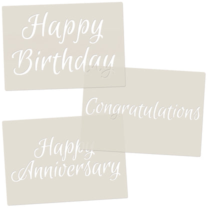 Celebration Script Message Set 1,Happy Birthday, Happy Anniversary & Congratulations, A6 Craft & Cake Decorating Stencil, Reusable Mylar for Cakes, Cards, & Crafts
