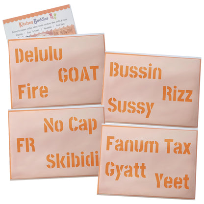 Gen Z & Gen Alpha Brain Rot Slang Stencil Set 4pc, Rizz, Skibidi, No Cap, Fire, etc, A6 Reusable Mylar Templates for Walls, Cakes, Crafts, Cards & More