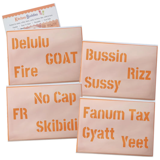 Gen Z & Gen Alpha Brain Rot Slang Stencil Set 4pc, Rizz, Skibidi, No Cap, Fire, etc, A6 Reusable Mylar Templates for Walls, Cakes, Crafts, Cards & More