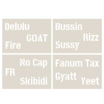 Gen Z & Gen Alpha Brain Rot Slang Stencil Set 4pc, Rizz, Skibidi, No Cap, Fire, etc, A6 Reusable Mylar Templates for Walls, Cakes, Crafts, Cards & More