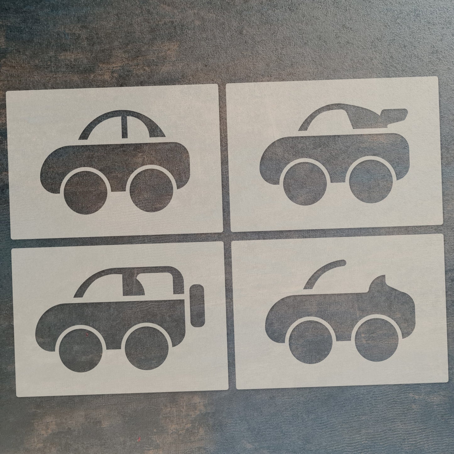 Cute Car Stencil Set 4pc featuring 4 cute cars: saloon, convertible, sports and SUV/4x4, A6 Reusable Mylar Templates for Walls, Cakes, Crafts, Cards & More