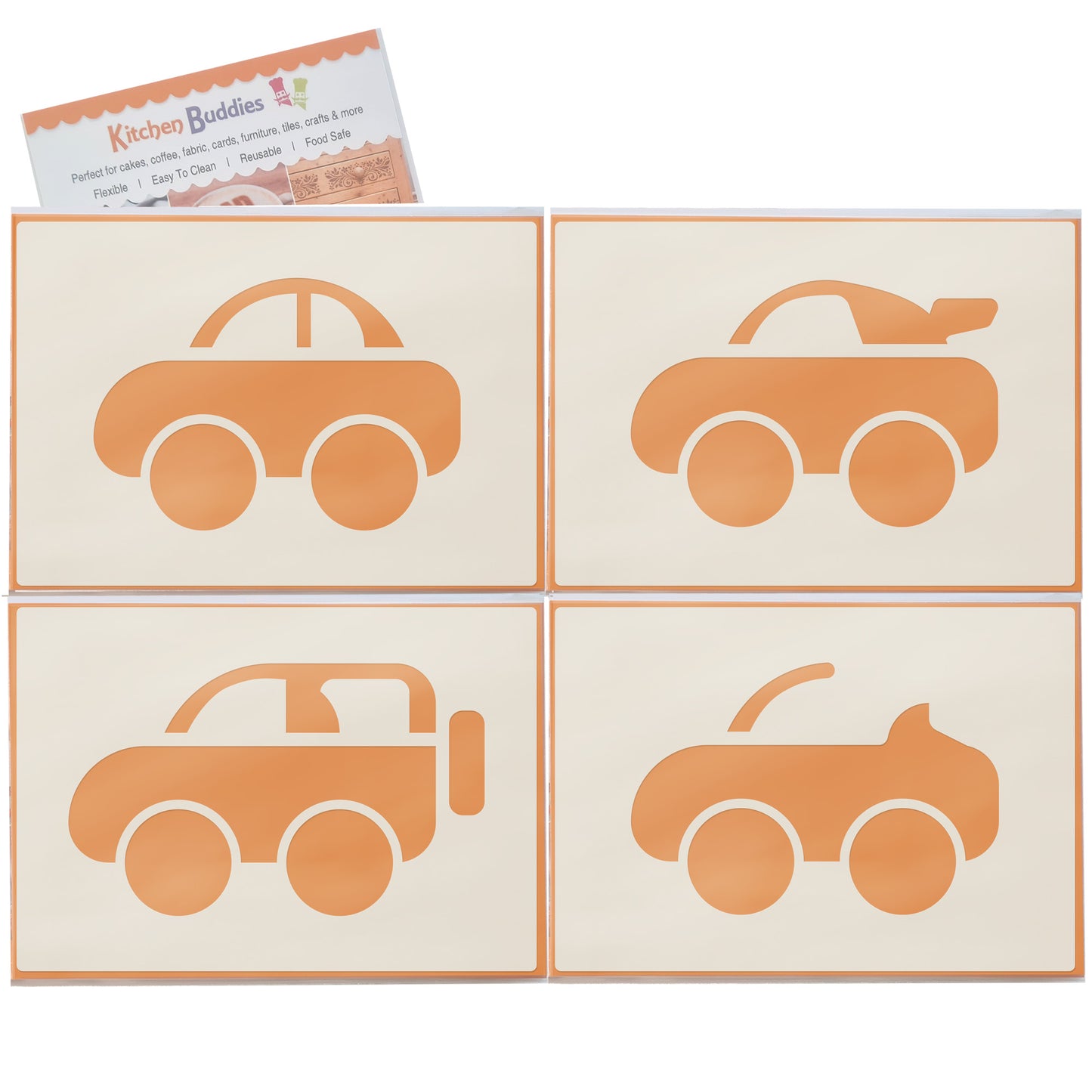 Cute Car Stencil Set 4pc featuring 4 cute cars: saloon, convertible, sports and SUV/4x4, A6 Reusable Mylar Templates for Walls, Cakes, Crafts, Cards & More