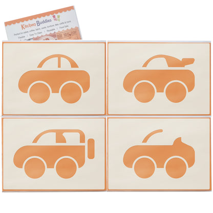 Cute Car Stencil Set 4pc featuring 4 cute cars: saloon, convertible, sports and SUV/4x4, A6 Reusable Mylar Templates for Walls, Cakes, Crafts, Cards & More