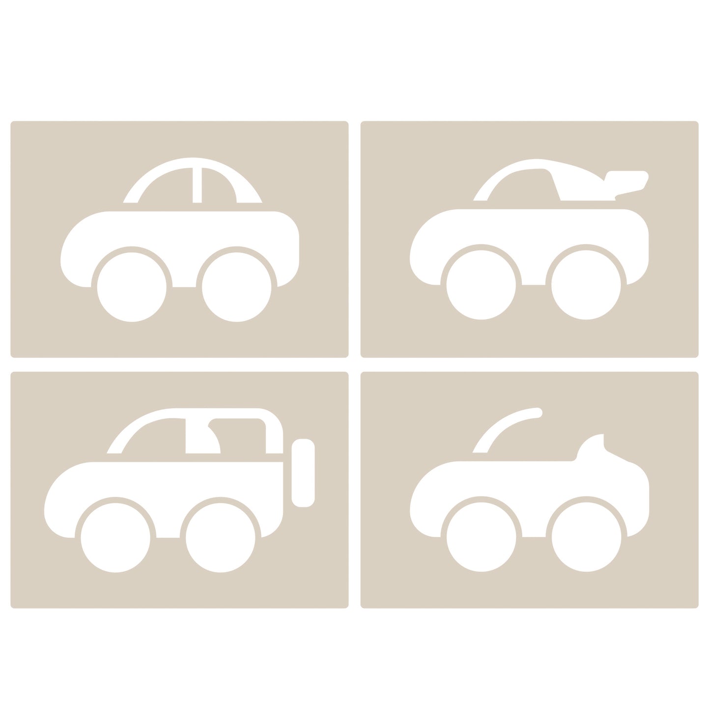 Cute Car Stencil Set 4pc featuring 4 cute cars: saloon, convertible, sports and SUV/4x4, A6 Reusable Mylar Templates for Walls, Cakes, Crafts, Cards & More