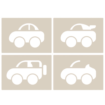Cute Car Stencil Set 4pc featuring 4 cute cars: saloon, convertible, sports and SUV/4x4, A6 Reusable Mylar Templates for Walls, Cakes, Crafts, Cards & More