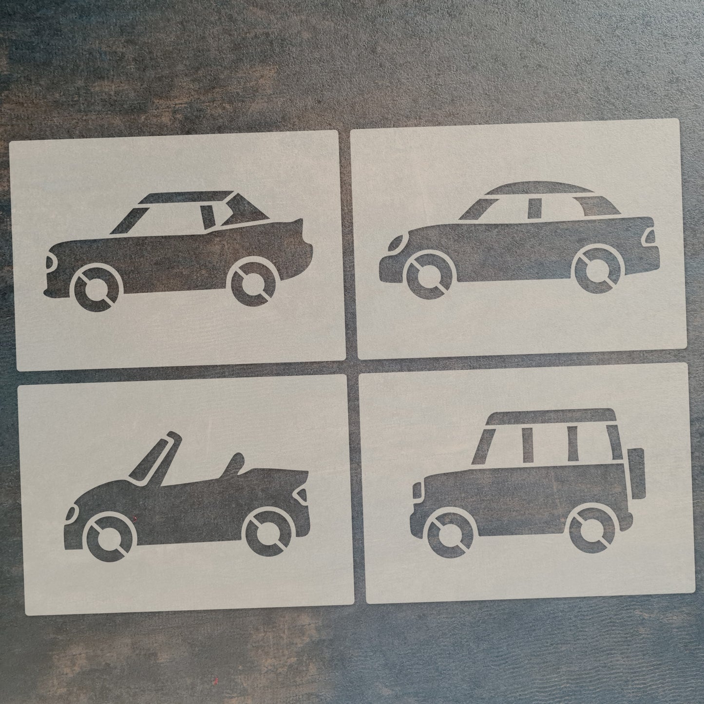 Road Car Stencil Set – 4pc saloon car, sports car, convertible, SUV/4x4 A6 Reusable Mylar Templates for Walls, Cakes, Crafts, Cards & More