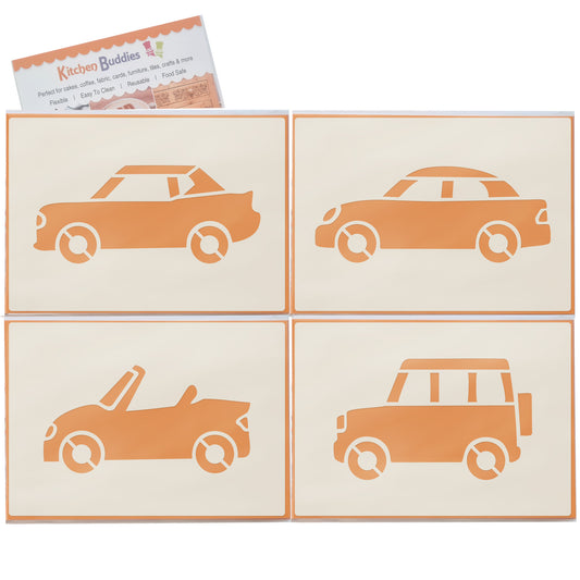 Road Car Stencil Set – 4pc saloon car, sports car, convertible, SUV/4x4 A6 Reusable Mylar Templates for Walls, Cakes, Crafts, Cards & More