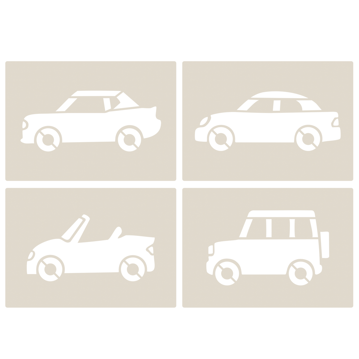 Road Car Stencil Set – 4pc saloon car, sports car, convertible, SUV/4x4 A6 Reusable Mylar Templates for Walls, Cakes, Crafts, Cards & More