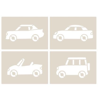 Road Car Stencil Set – 4pc saloon car, sports car, convertible, SUV/4x4 A6 Reusable Mylar Templates for Walls, Cakes, Crafts, Cards & More