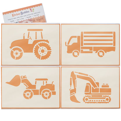 Industrial Vehicles Stencil Set tractor, digger, loader and lorry, 4pc A6 Reusable Mylar Templates for Walls, Cakes, Crafts, Cards & More