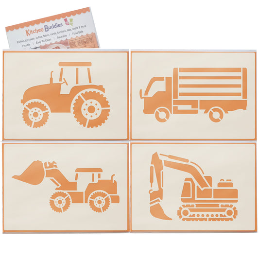 Industrial Vehicles Stencil Set tractor, digger, loader and lorry, 4pc A6 Reusable Mylar Templates for Walls, Cakes, Crafts, Cards & More