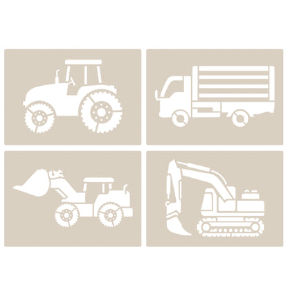 Industrial Vehicles Stencil Set tractor, digger, loader and lorry, 4pc A6 Reusable Mylar Templates for Walls, Cakes, Crafts, Cards & More