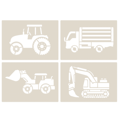Industrial Vehicles Stencil Set tractor, digger, loader and lorry, 4pc A6 Reusable Mylar Templates for Walls, Cakes, Crafts, Cards & More