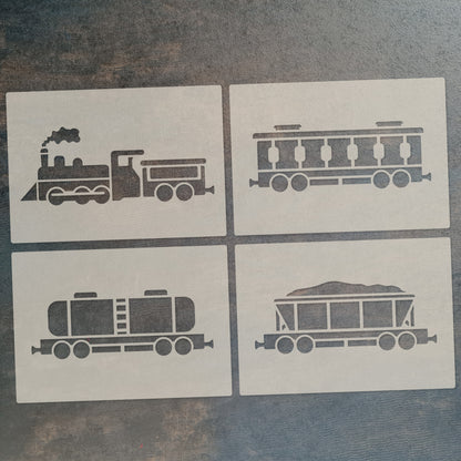Steam Train Stencil Set – 4pc A6 Reusable Mylar Templates for Walls, Cakes, Crafts, Cards & More