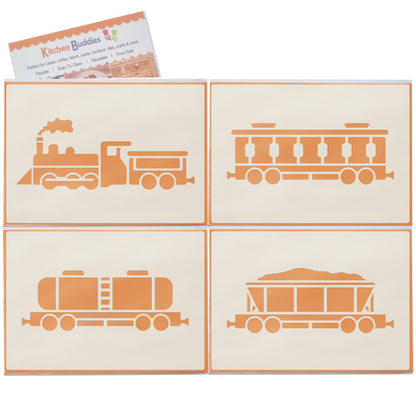 Steam Train Stencil Set – 4pc A6 Reusable Mylar Templates for Walls, Cakes, Crafts, Cards & More