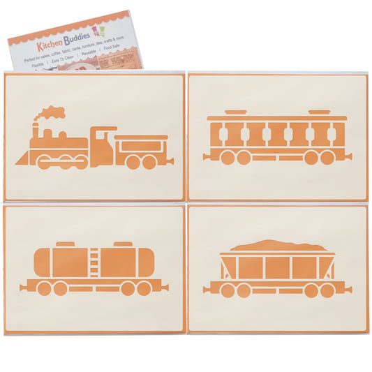 Steam Train Stencil Set – 4pc A6 Reusable Mylar Templates for Walls, Cakes, Crafts, Cards & More