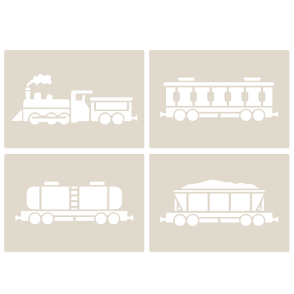 Steam Train Stencil Set – 4pc A6 Reusable Mylar Templates for Walls, Cakes, Crafts, Cards & More