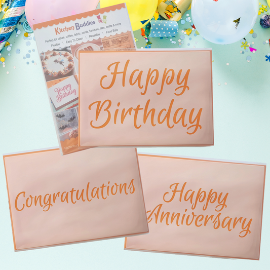 Celebration Script Message Set 1,Happy Birthday, Happy Anniversary & Congratulations, A6 Craft & Cake Decorating Stencil, Reusable Mylar for Cakes, Cards, & Crafts