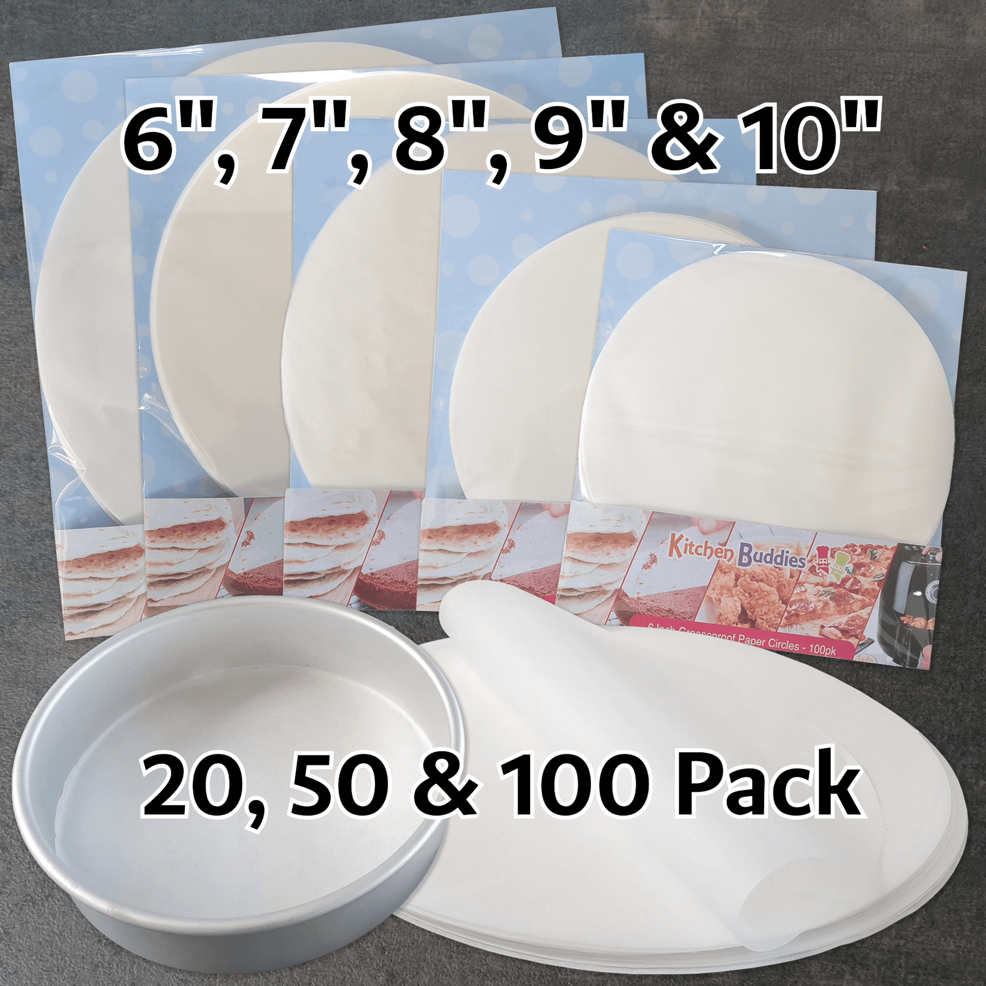Greaseproof Parchment Circles in 6", 7", 8", 9" & 10" sizes, available in 20, 50 & 100 pack for hassle-free baking.