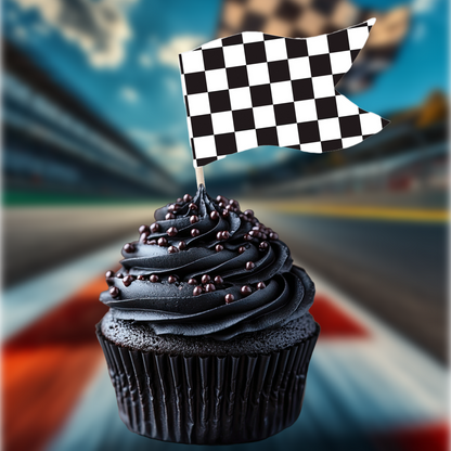 Racing Car & Chequered Flag Cupcake Toppers Set - 24pc - Birthday Celebration Cupcake & Cake Decorations
