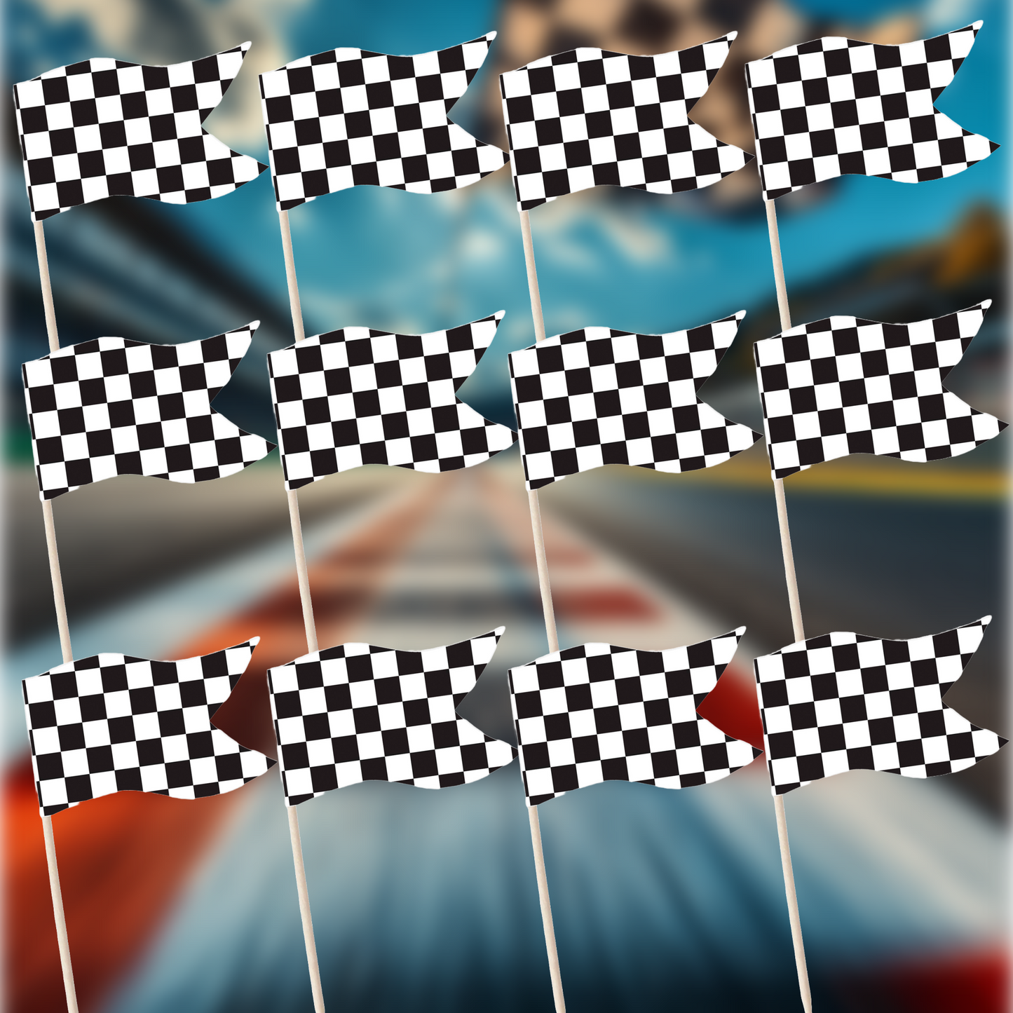 Racing Car & Chequered Flag Cupcake Toppers Set - 24pc - Birthday Celebration Cupcake & Cake Decorations