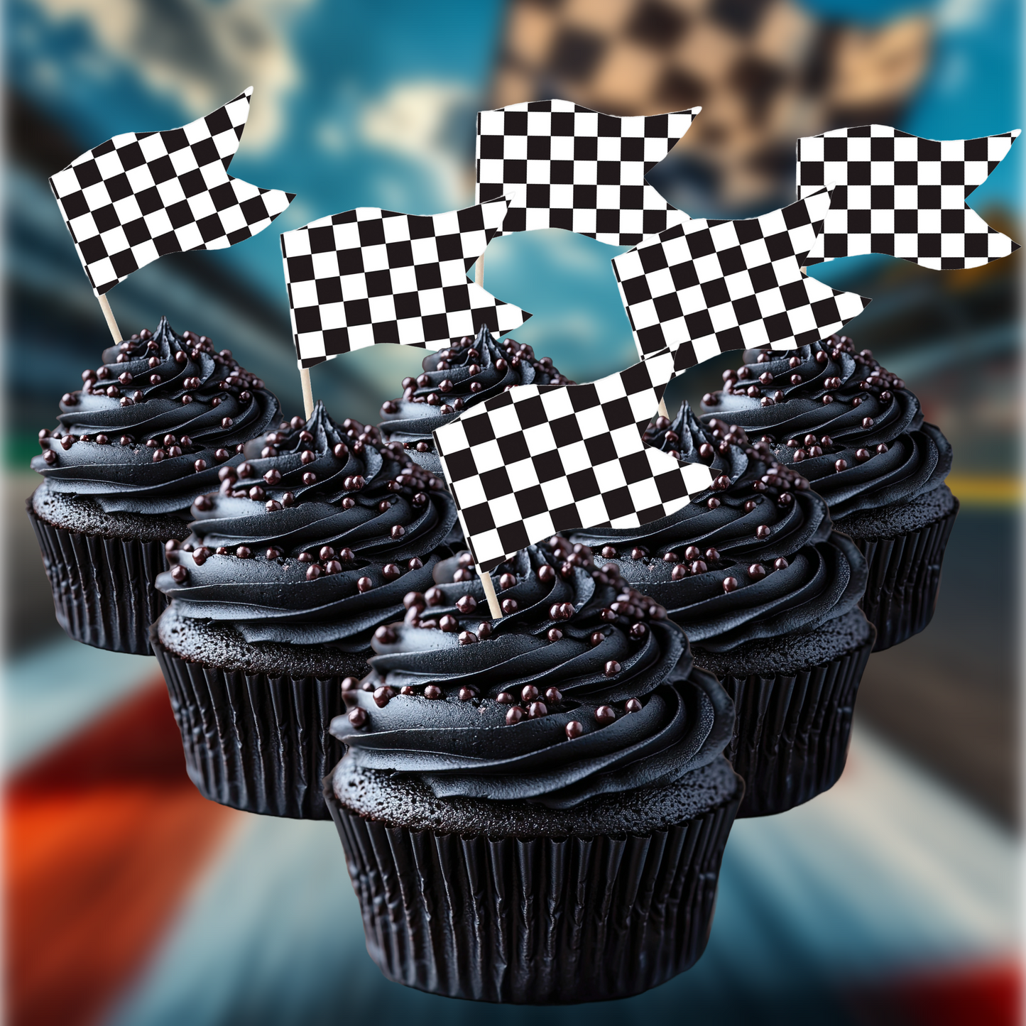 Racing Car & Chequered Flag Cupcake Toppers Set - 24pc - Birthday Celebration Cupcake & Cake Decorations