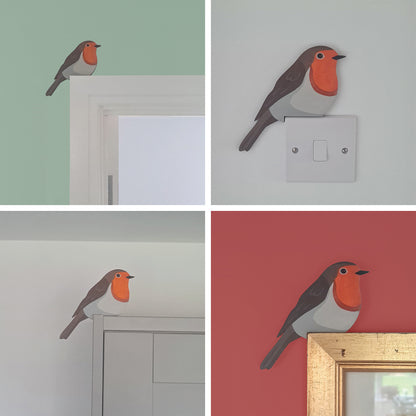 Robin Hand Painted Wooden Bird Corner Decoration - Left or Right Facing - Perfect For Door Frames, Cupboards, Light Switches, Pictures & More