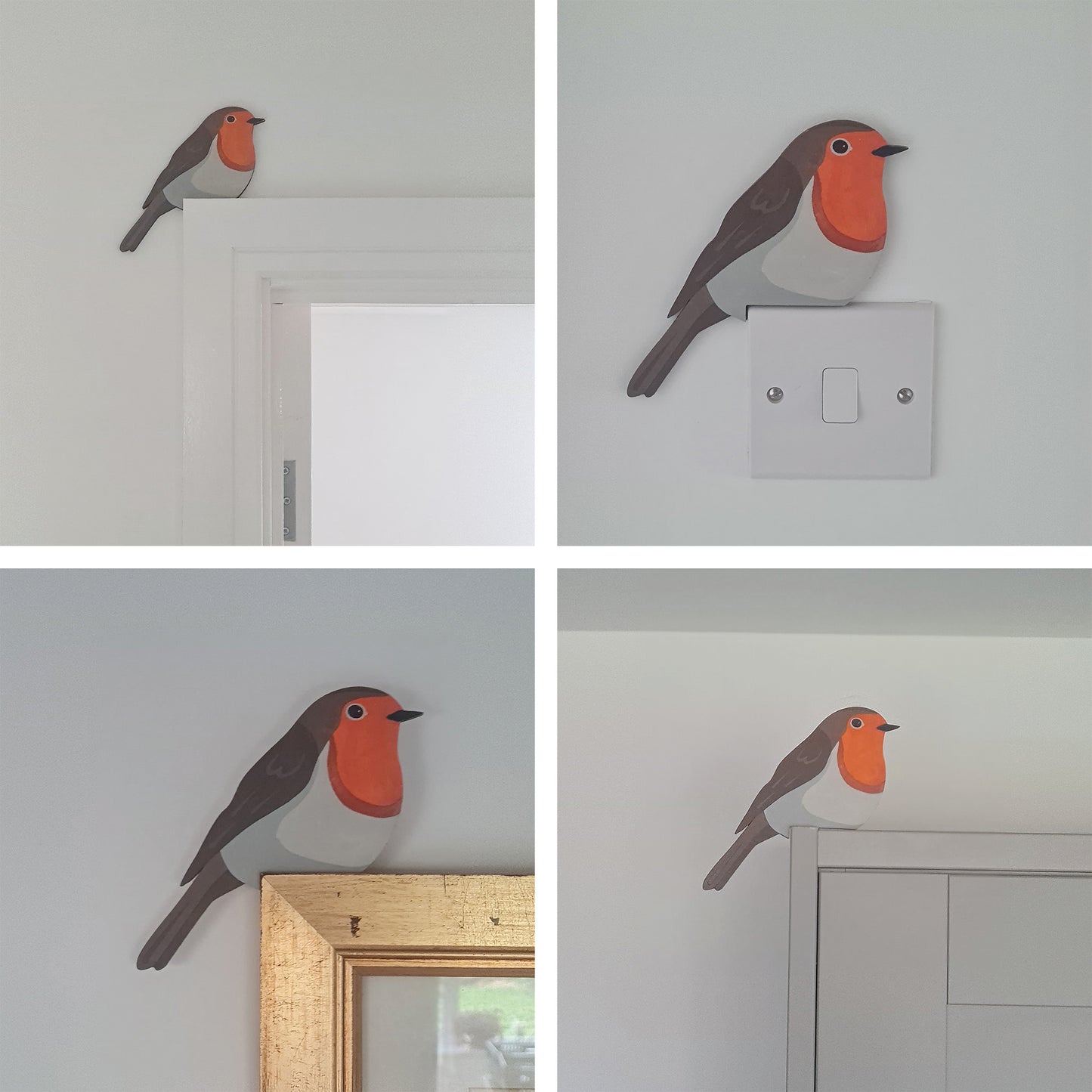 Robin Hand Painted Wooden Bird Corner Decoration - Left or Right Facing - Perfect For Door Frames, Cupboards, Light Switches, Pictures & More