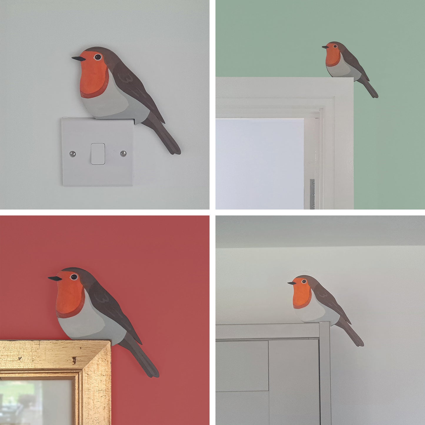 Robin Hand Painted Wooden Bird Corner Decoration - Left or Right Facing - Perfect For Door Frames, Cupboards, Light Switches, Pictures & More
