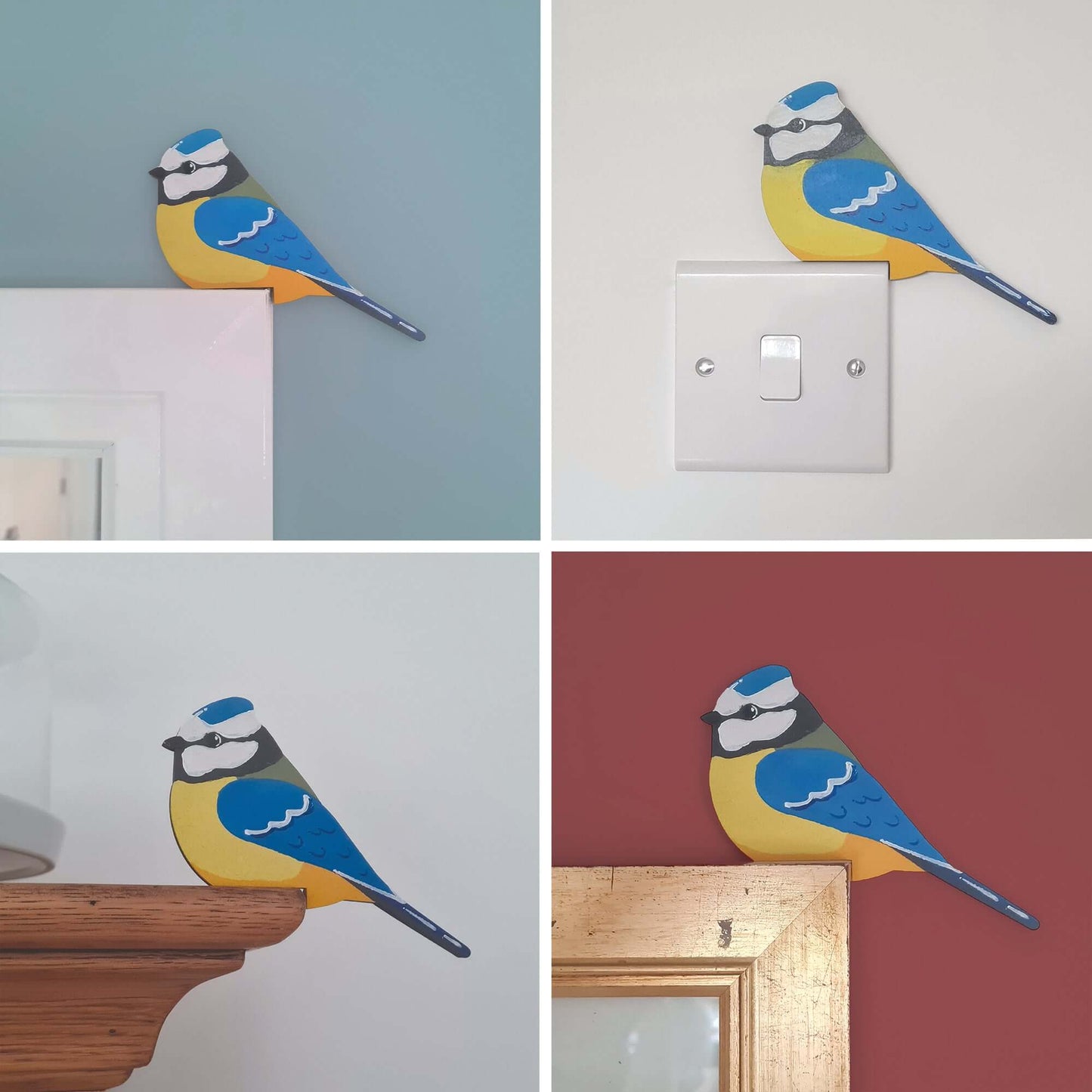 Blue Tit Hand Painted Wooden Bird Corner Decoration - Left or Right Facing - Perfect For Door Frames, Cupboards, Light Switches, Pictures & More