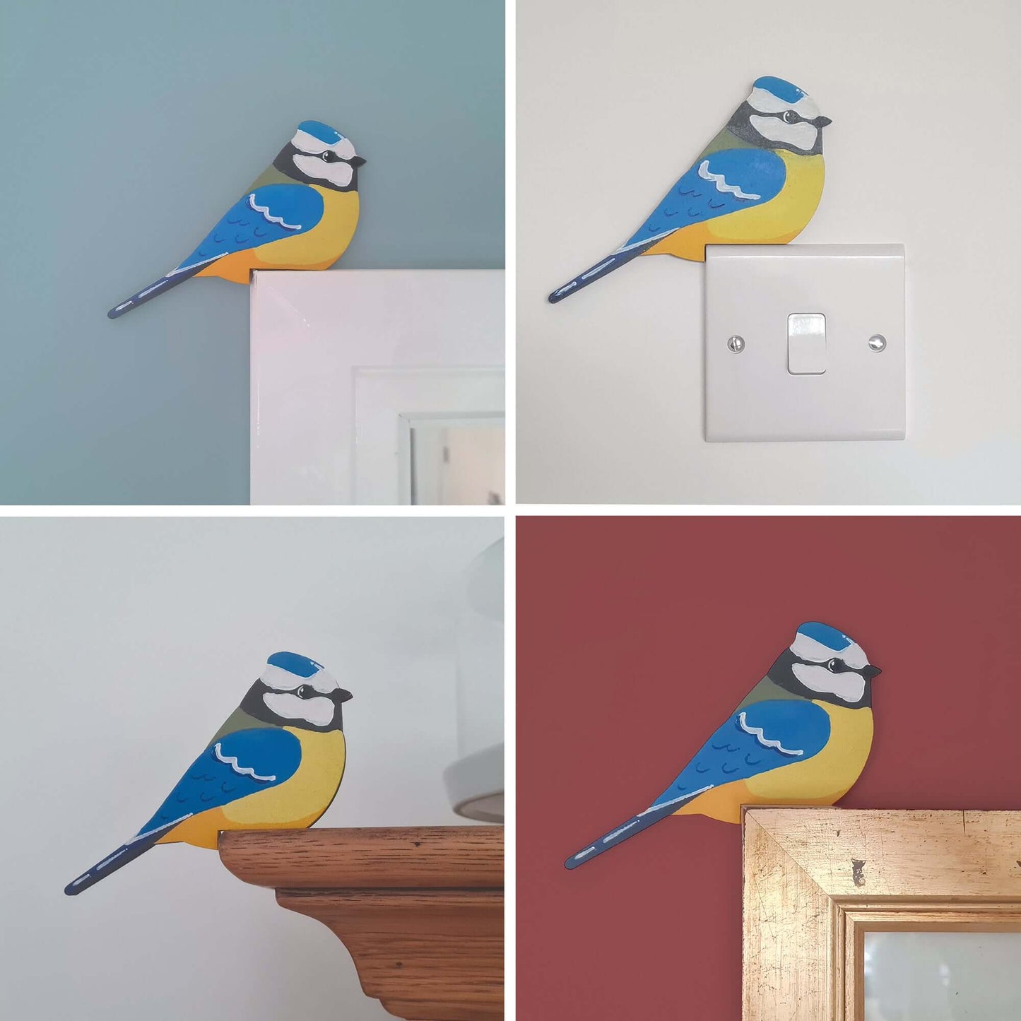 Blue Tit Hand Painted Wooden Bird Corner Decoration - Left or Right Facing - Perfect For Door Frames, Cupboards, Light Switches, Pictures & More