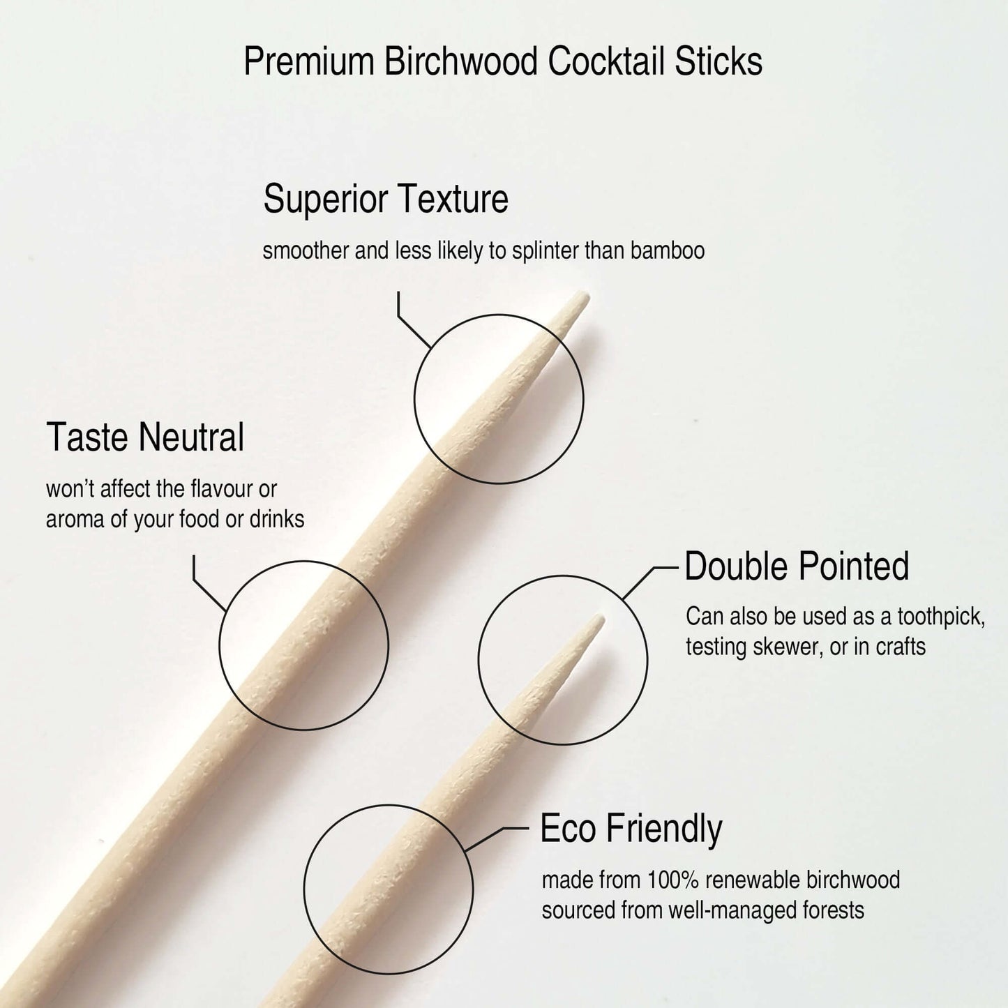 200 Wooden Cocktail Sticks - Premium Birchwood Double Pointed 8cm - Food Safe & 100% Biodegradable - for Food, Cocktails & Oral Hygiene