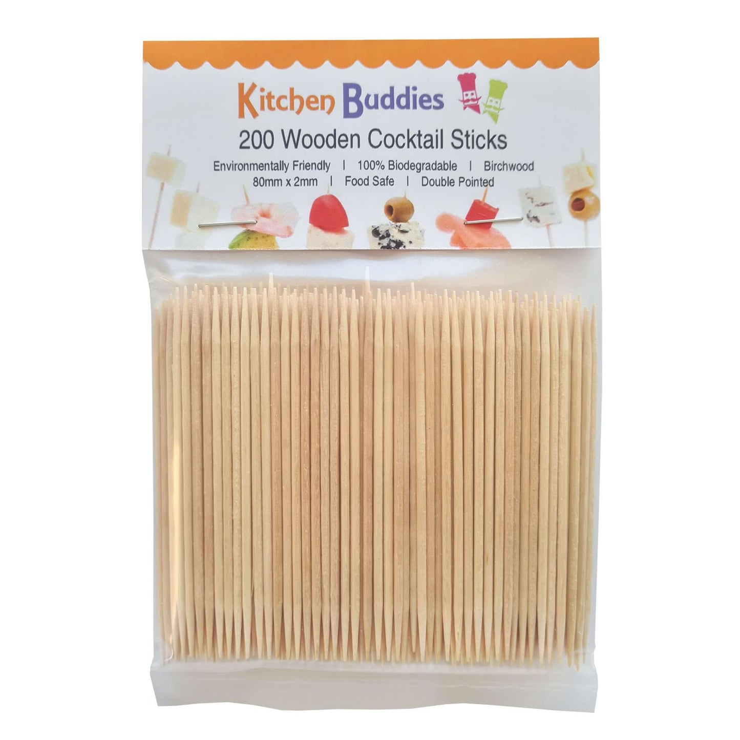 200 Wooden Cocktail Sticks - Premium Birchwood Double Pointed 8cm - Food Safe & 100% Biodegradable - for Food, Cocktails & Oral Hygiene