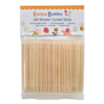 200 Wooden Cocktail Sticks - Premium Birchwood Double Pointed 8cm - Food Safe & 100% Biodegradable - for Food, Cocktails & Oral Hygiene