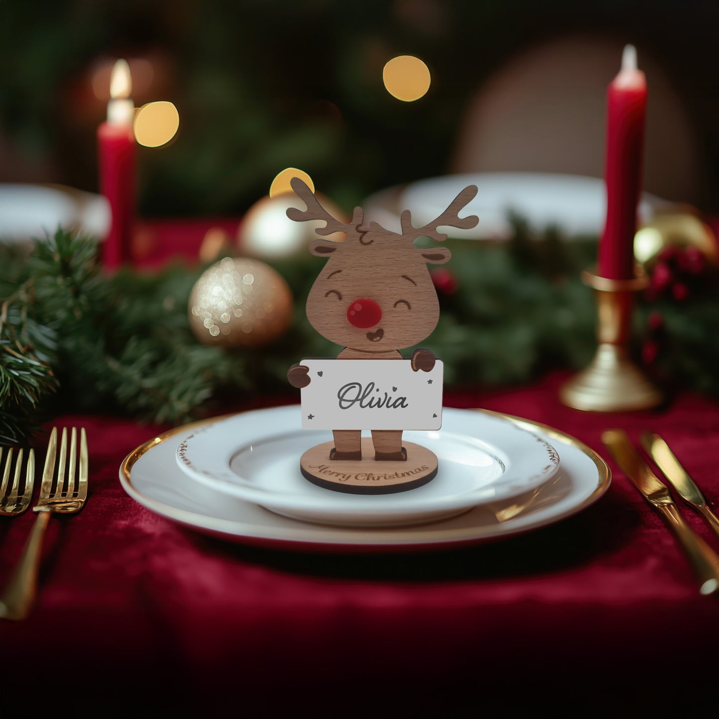 Rudolph Wooden Name Place – 6 Pack – Personalised Christmas Table Decorations & Festive Keepsake Figures