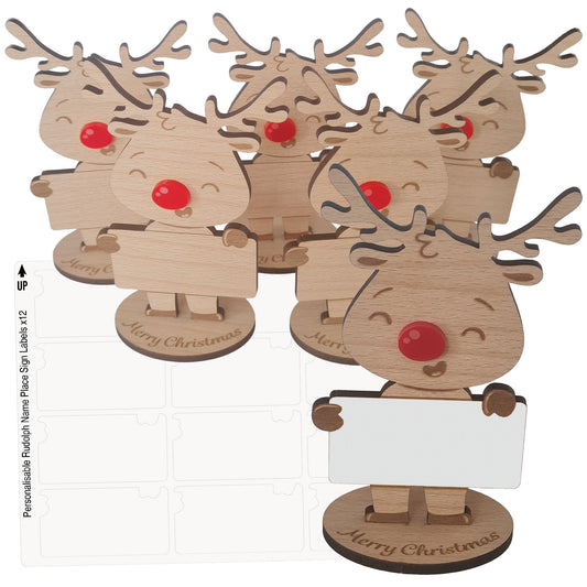 Rudolph Wooden Name Place – 6 Pack – Personalised Christmas Table Decorations & Festive Keepsake Figures